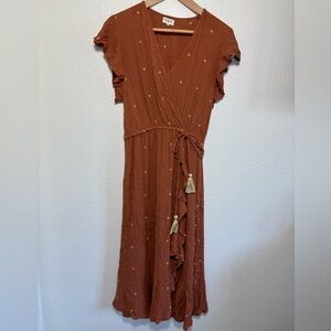 World Market Burnt Orange Ruffle Embroidered Dress Size Small/Medium | Midi |